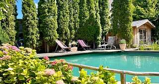 Naturpool mit Sonnenbetten und Liegen Naturpool mit Sonnenbetten und Liegen