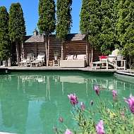 Naturpool mit Sonnenbetten und Liegen